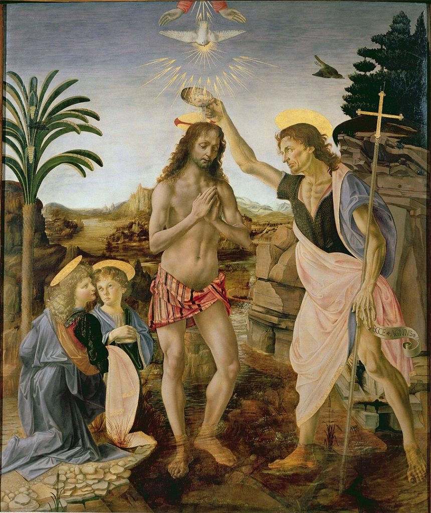 Baptism of Christ (1472-1475) by Verrocchio and Leonardo, Uffizi Gallery